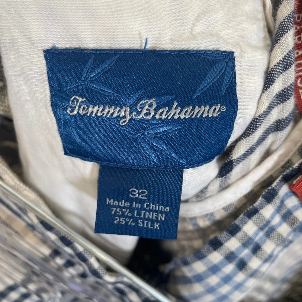 Tommy Bahama Blue Plaid Linen Silk Blend Shorts Paradise Nation Vacation Mens 32